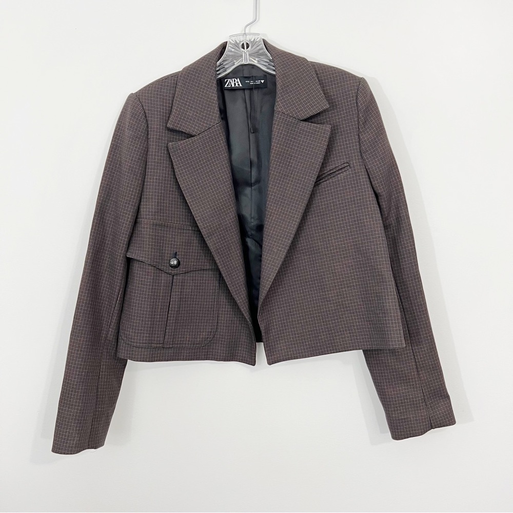 Zara Plaid Brown Cropped Blazer Jacket Houndstooth Size Small - Picture 2 of 8